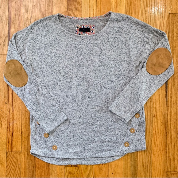 Mine Stonewashed Heather Beige Elbow Patch Button Side Crewneck Sweater M - Picture 2 of 8